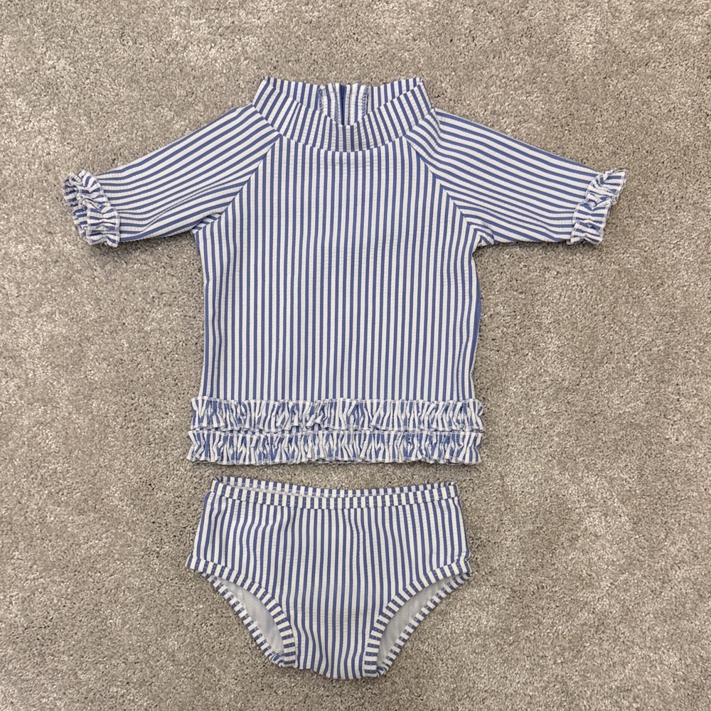 Ruffle Butts Blue and White Striped Rashguard Set